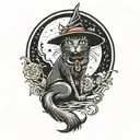 witch cat and moon tattoo design idea