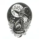 witch cat and moon tattoo design idea
