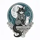 witch cat and moon tattoo design idea