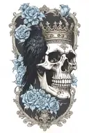 skull wearing crown with raven on and blue roses intertwined tattoo design idea