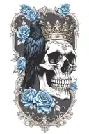skull wearing crown with raven on and blue roses intertwined tattoo design idea