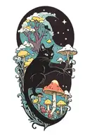 black cat with colorful mushrooms and crescent moon and clouds and stars melting  tattoo design idea