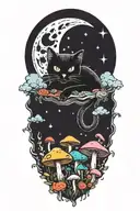 black cat with colorful mushrooms and crescent moon and clouds and stars melting  tattoo design idea