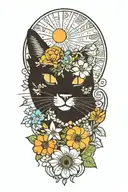 black hippie cat with trippy flowers and sun with peace sign tattoo design idea