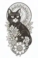 black hippie cat with trippy flowers and sun with peace sign tattoo design idea