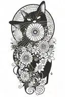 black hippie cat with trippy flowers and sun with peace sign tattoo design idea