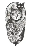 black hippie cat with trippy flowers and sun with peace sign tattoo design idea