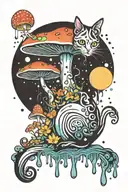 melting colorful mushroom black cat with moon tattoo design idea