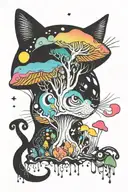 melting colorful mushroom black cat with moon tattoo design idea