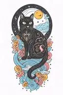 black cat with colorful mushrooms and crescent moon and clouds and stars melting  tattoo design idea
