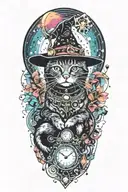 witch cat with moon and stars and colorful mushrooms and bats tattoo design idea