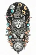 witch cat with moon and stars and colorful mushrooms and bats tattoo design idea