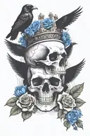 skull wearing crown with raven on headand blue roses intertwined tattoo design idea