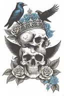 skull wearing crown with raven on headand blue roses intertwined tattoo design idea
