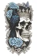 skull wearing crown with raven on and blue roses intertwined tattoo design idea