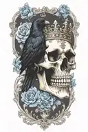 skull wearing crown with raven on and blue roses intertwined tattoo design idea
