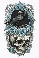 raven on skull with blue roses tattoo design idea
