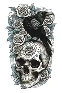 raven on skull with blue roses tattoo design idea