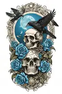 moon and raven perched on a skull with blue roses  tattoo design idea