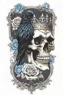 skull wearing crown with raven on and blue roses intertwined tattoo design idea
