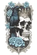 skull wearing crown with raven on and blue roses intertwined tattoo design idea