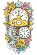 yellow submarine with colorful flowers and clock and rainbow  tattoo design idea