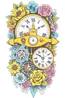 yellow submarine with colorful flowers and clock and rainbow  tattoo design idea