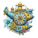 yellow submarine with colorful flowers and clock tattoo design idea