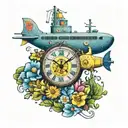 yellow submarine with colorful flowers and clock tattoo design idea