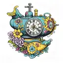 yellow submarine with colorful flowers and clock tattoo design idea