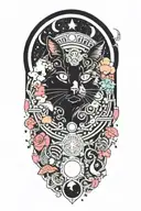 black cat with 3 eyes with colorful mushrooms and crescent moon and clouds and stars tattoo design idea