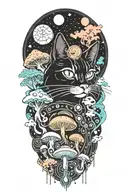 black cat with 3 eyes with colorful mushrooms and crescent moon and clouds and stars tattoo design idea