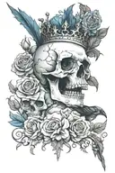 skull wearing crown with raven on and blue roses intertwined tattoo design idea