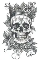 skull wearing crown with raven on and blue roses intertwined tattoo design idea