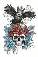 skull wearing crown with raven on and blue roses intertwined tattoo design idea