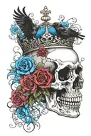 skull wearing crown with raven on and blue roses intertwined tattoo design idea