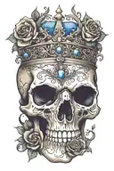 skull wearing crown with raven on and blue roses intertwined tattoo design idea