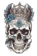 skull wearing crown with raven on and blue roses intertwined tattoo design idea