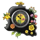 yellow submarine with colorful flowers and clock tattoo design idea