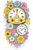 yellow submarine with colorful flowers and clock and rainbow  tattoo design idea