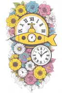 yellow submarine with colorful flowers and clock and rainbow  tattoo design idea