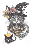 witch cat with moon and stars and colorful mushrooms trippy  tattoo design idea
