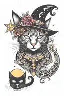 witch cat with moon and stars and colorful mushrooms trippy  tattoo design idea
