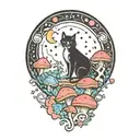 moon with black witch cat and colorful mushrooms growing tattoo design idea