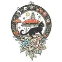 moon with black witch cat and colorful mushrooms growing tattoo design idea