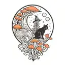 moon with black witch cat and colorful mushrooms growing tattoo design idea