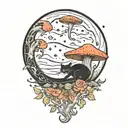 moon with black witch cat and colorful mushrooms growing tattoo design idea