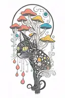 black cat with 3 eye balls and trippy colorful mushrooms with moon melting  tattoo design idea