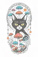 black cat with 3 eye balls and trippy colorful mushrooms with moon melting  tattoo design idea