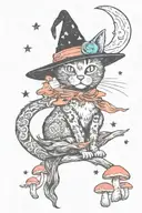 witch cat with moon and stars and colorful mushrooms trippy  tattoo design idea